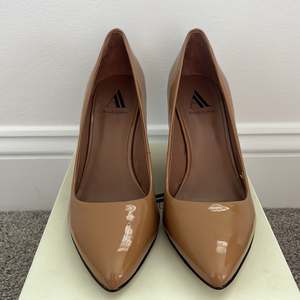 Ava & Aiden Camel Patent Leather Pointy Wedge Shoe